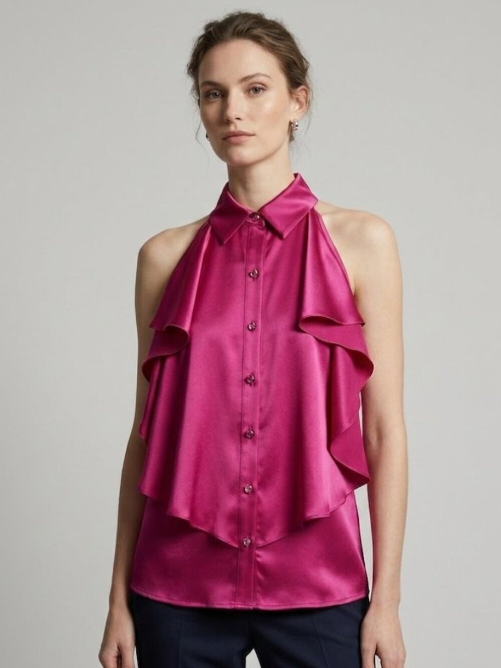 AZI New York Fuchsia Ruffle Blouse M Sleeveless Rhinestone Button Top Pink Party